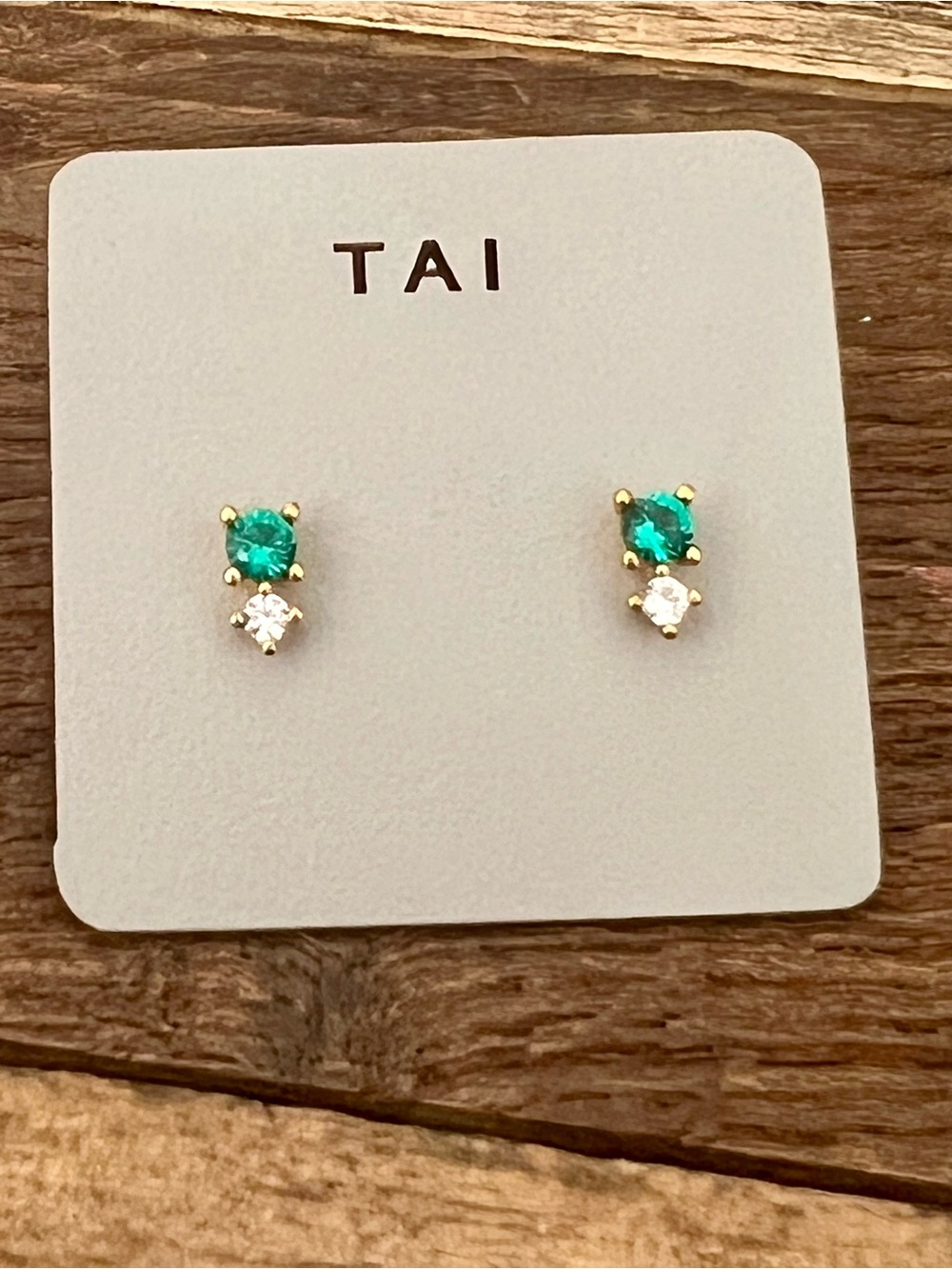 NWT TAI Gold Plated Lab Emerald and Clear Two-Stone Stud Earrings